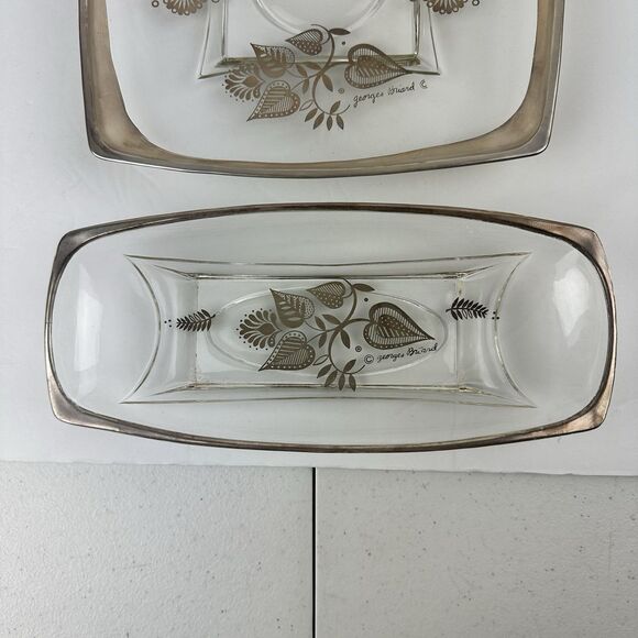 Lot: 3 Vintage Georges Briard Silver Damask Glass Serving Dish Trays MCM Hostess - Picture 2 of 10